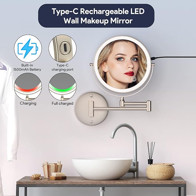 Rocollos Rechargeable Wall Mounted Lighted Makeup Mirror, 8 Inch Double-Sided LED Vanity Mirror 1X/10X Magnification,3 Color Lights Touch Screen Dimmable 360°Swivel 13 Inch Extendable