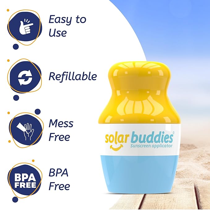 Solar Buddies Sunscreen Applicator - Single Blue - Refillable Roll on Sponge Sunscreen, Suncream & Lotion Applicator For Kids, Adults & Families - Holds 3.4fl oz, Perfect Size for Travel