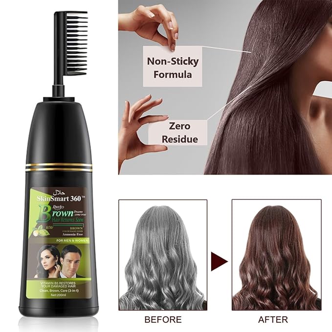 SkinSmart 360® No-Stain Hair Dye Shampoo – Full Gray Coverage for Men & Women, 3-in-1 Color + Cleanse + Condition, Natural Ingredients, Easy No-Mix Formula, 200 mL (Dark Brown + Magic Comb)