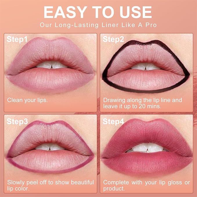 OETUIOW Lip Stain Peel Off, Lip Liner Moisturizing Long-Lasting & Waterproof, Transfer Proof & Plumping, Non-Stick Cup, Pink Color