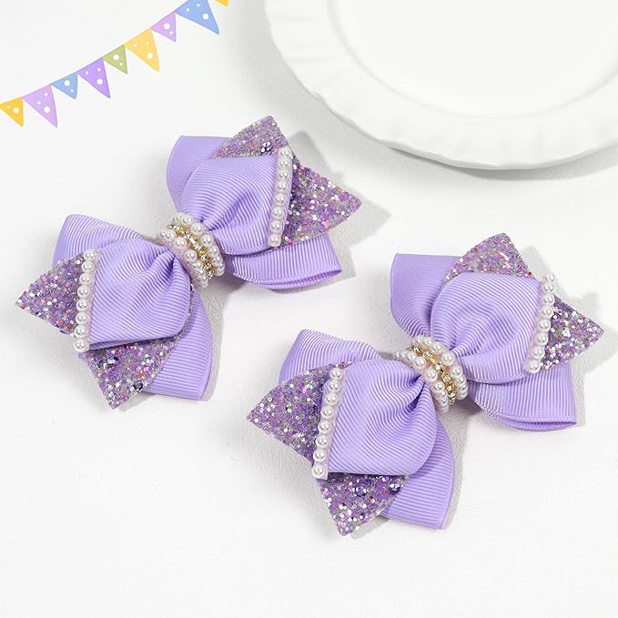 4" Sparkly Glitter Sequin Ribbon Hair Bow Clips,Pearl Wedding Boutique Alligator Barrettes Pins for Teens Toddler,Cheerleader Girls Kids Birthday Party Dress Decor Accessory (Light Purple)