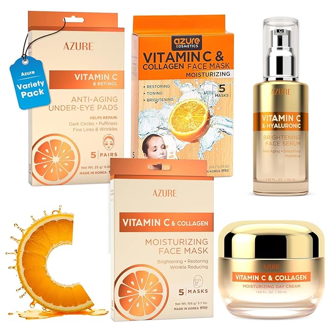 Azure Vitamin C Skincare Bundle: Dermatologist-tested Face Moisturizer, Under Eye Pads, Collagen Masks & Serum. Hydrates, firms, and reduces dark spots for glowing, youthful skin. Made in Korea