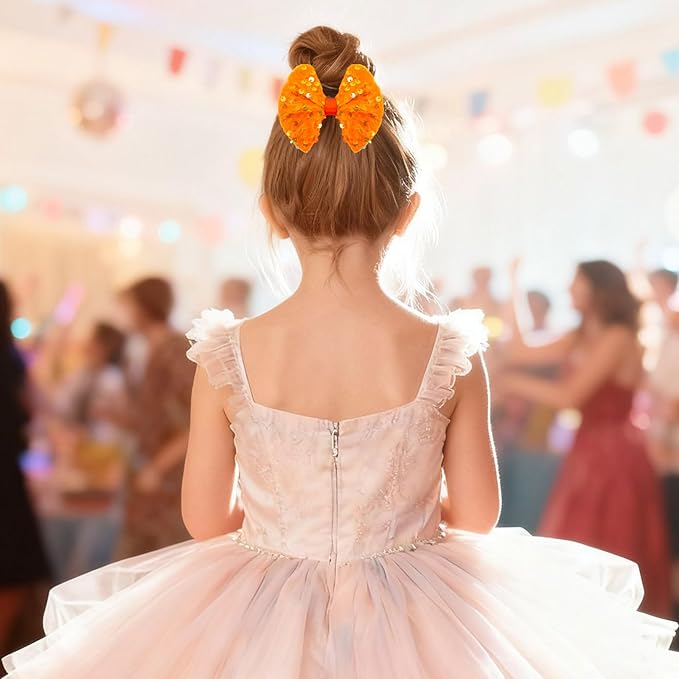 Velvet Sequin Hair Bows Fall Orange Bow for Women Girls, 4in Glitter Handmade Hair Clips Alligator Clips Sparkly Ponytail Holder Hair Accessories for Helloween, Christmas, Birthday Party, Wedding