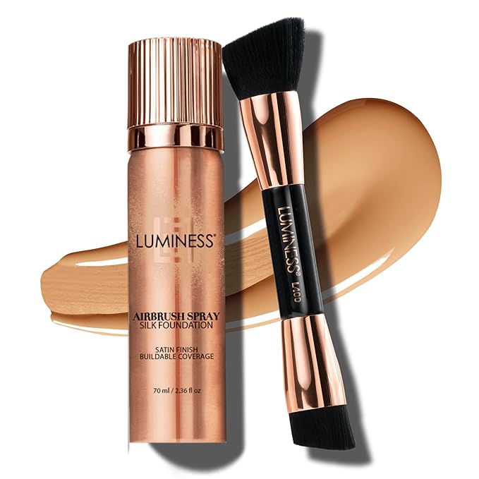 LUMINESS Face Time All In One Makeup Kit - Includes Face Palette, Airbrush Foundation, and Makeup Brush - Long-Wearing, Silky, Soft, Easy to Blend, 3-PC Make Up Set (04 - Medium)