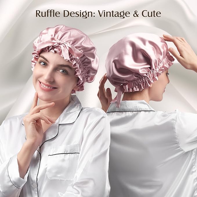 YFONG Double Layered 100% Mulberry Silk Bonnet for Sleeping Women, 22 Momme 6A Luxury Silk Sleep Cap with Elastic Band & Tie, Natural Night Wrap for Hair Care Short Long Curly Hair, Pink