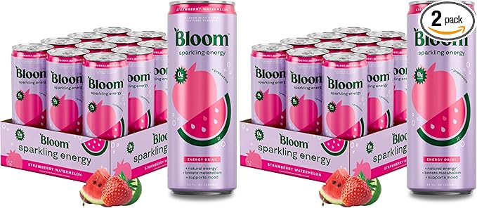 Bloom Nutrition Sparkling Energy Drink, Zero Sugar, 180mg Caffeine | Strawberry Watermelon | 12oz | 24 Pack | Antioxidant-Rich