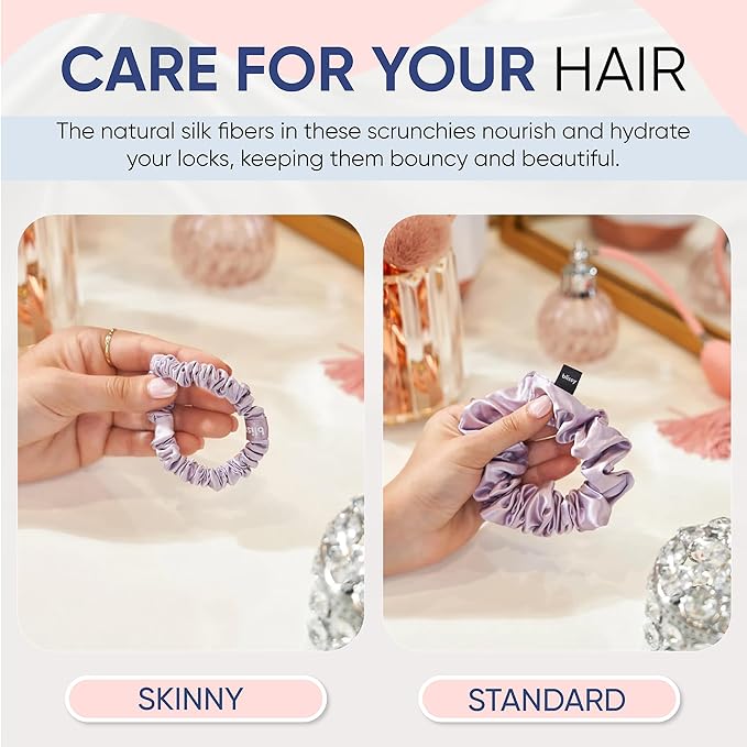 Blissy Silk Scrunchies (3 Pack) - 100% Pure Mulberry Silk - 22 Momme 6A High-Grade Fibers Scrunchie for Straight & Curly Hair - Preventing Breakage, Tangling, & Creasing (Lavender Skinny)