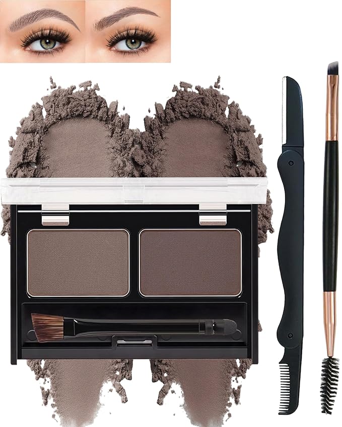 Eyebrow Powder Makeup Kit for Women,2 Colors Eye Brow Powder Waterproof Tinting Palette Long-Lasting,Brown Dark Brown Brow Fill&Sculpt Natural Eyebrow Contour for Sparse Brow with Brow Brush &Razor-03