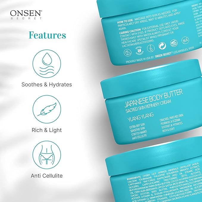 Onsen Japanese Body Butter for Women - Skin Refinery Cream Natural and Organic Shea Butter Moisturizing Clear Skin Exfoliator with Coconut Oil and Vitamin E - 8.6 fl oz / 255 ml (Ylang Ylang)