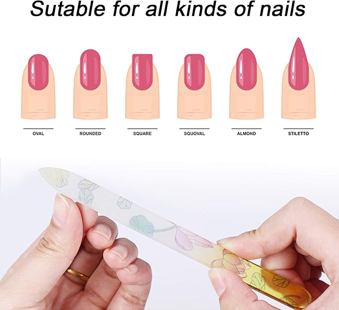 5 Pack Glass Nail File with Case, Crystal Fingernail Files, Double Sided Finger Nail Files, Professional Manicure Nail Care for Presents (Printed-5PCS with Case), Christmas Gifts Stocking Stuffers