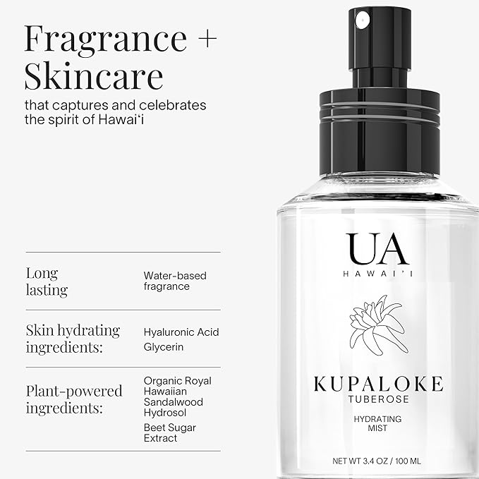 Kupaloke Tuberose Body and Hair Mist from Hawaii, Hair Perfume for a Light, Hydrating Refresh, Body Mist for Women and Men, Alcohol-Free, With Moisturizing Hyaluronic Acid & Glycerin, 3.4 oz