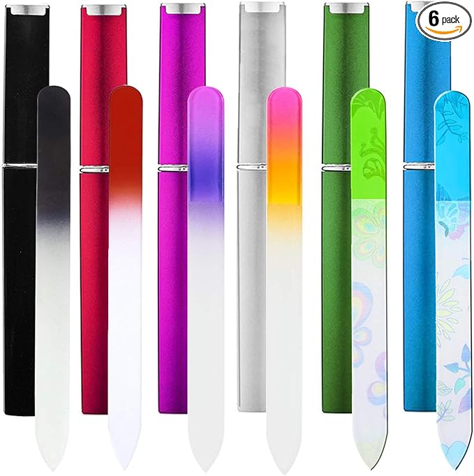 6 Pack Glass Nail File with Case, Crystal Fingernail Files Set, Double Sided Finger Nail Files, Professional Manicure Nail Care for Women, Christmas Gifts Stocking Stuffers