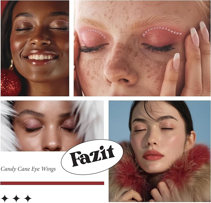 Fazit Makeup Patches - Candy Cane Eye Wings - Glow Up Make-Up Patches - Cute Glitter Makeup Accessories for Women - Cosmetic Glitter for Face