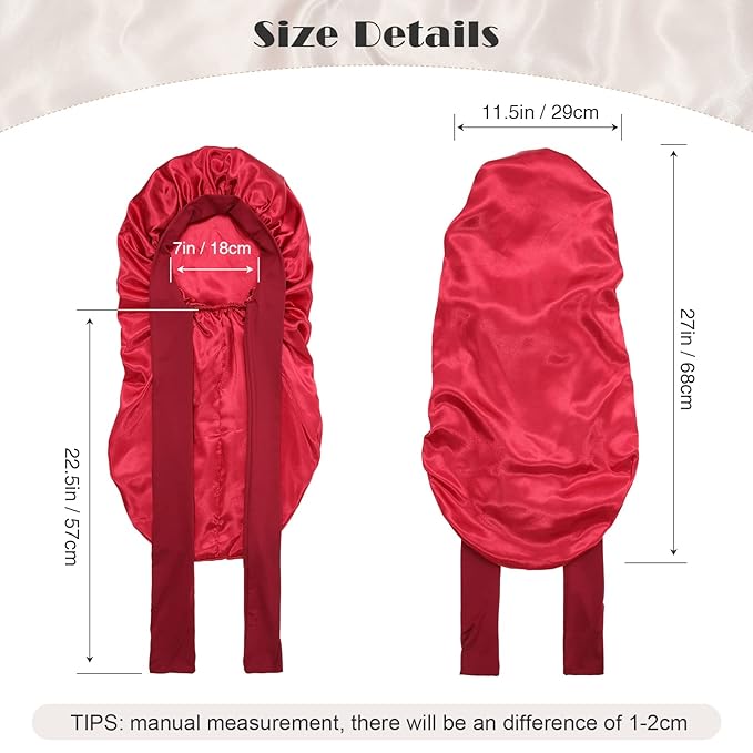 AWAYTR Long Satin Bonnet for Braids - Elastic Silk Hair Bonnets for Sleeping Night Cap Stretchy Tie Band for Women（Wine Red）