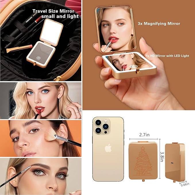 2025 Pocket Mirror With Light, Rose Gold Rechargeable Dimmable 3 Color Lighting 1x/3x Led Compact Travel Makeup Mirror for Purse, Portable, Folding, Handheld, Small Lighted Mirror Gift for Women