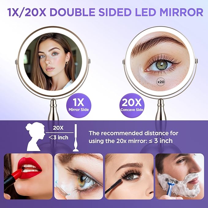 20x Magnifying Mirror with Light, 3 Color Modes and Adjustable Brightness with Lighted Makeup Mirror, Side Charging Port & SideTouch Sensor, 360° Rotation Double Sided Brushed Nickel