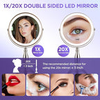 20x Magnifying Mirror with Light, 3 Color Modes and Adjustable Brightness with Lighted Makeup Mirror, Side Charging Port & SideTouch Sensor, 360° Rotation Double Sided Brushed Nickel