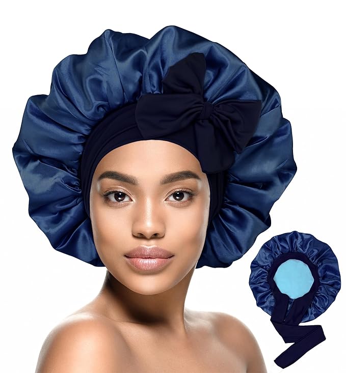 HiRui Silk Satin Bonnet for Sleeping Women, Double-Layer Sleep Cap Shower Cap with Adjustable Tie, Moisture Retaining Satin Lined Hair Bonnet for Curly and Natural Hair (Navy Blue/Light Blue, Medium)