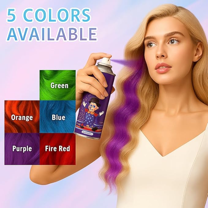 5PC Temporary Hair Color Spray Set, Purple Red Blue Green Orange Hair Spray for Women Kids Men, 1-Day Washable Hairspary for Halloween, Cosplay, Crazy Hair Day, Festivals & Parties
