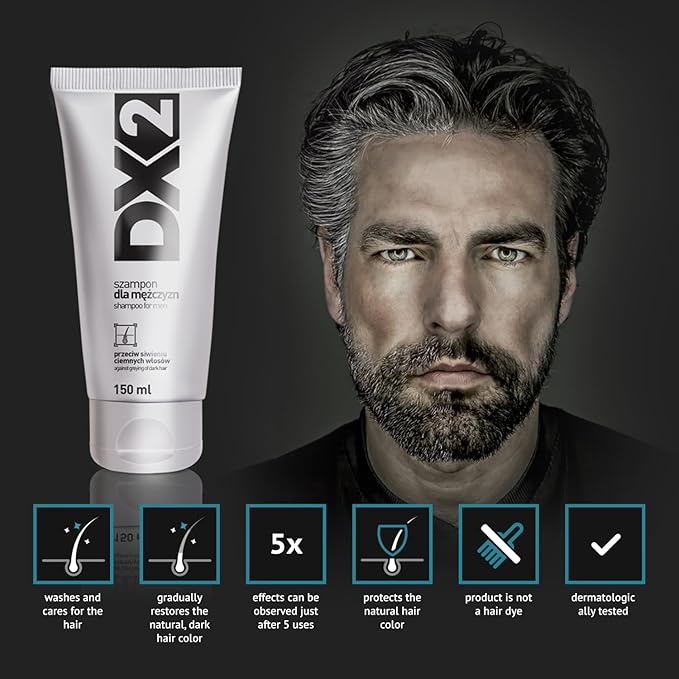 DX2 - Prevent Grey Shampoo for Men - Gradual Restoration of Dark Color, Daily Wash to Protect Follicle Pigmentation - 150ml