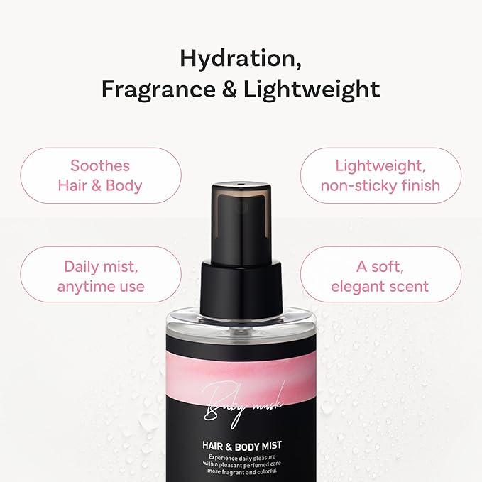 Perfumed Hair Mist for Women – Castor Oil for Shine & Long-Lasting Scent, Clean Hair Perfume & Body Mist – Botanical Waters & 17 Amino Acids, Sulfate, Paraben, Silicone-Free – Baby Musk, 125ml