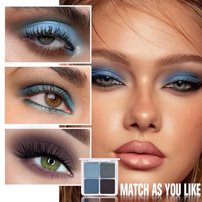 evpct Eyeshadow Quad Palette, Dark Teal Sky Navy Cyan Blue Mauve Purple Taupe Glitter Shimmer Metallic Matte High Pigment Mini Eye Shadow Palette Makeup for older Women Smudge Proof Vegan Cruelty-free