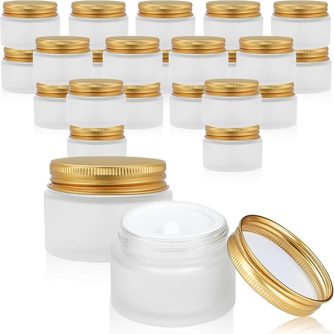 24 pack 10ml Frosted Glass Jars with Gold Lids Small Empty Travel Lotion Containers with Inner Liner Airtight Cosmetic Holder with Labels for Lip Balm Creams Body Butter