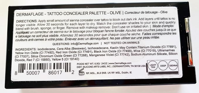 Dermaflage Tattoo Cover Up Makeup (Olive) - Bruise Full Coverage Concealer - Full Coverage Waterproof Concealer for Bruise, Scar & Acne - Smudge Proof Body Makeup Palette with 3 Pro SFX Shades + Brush