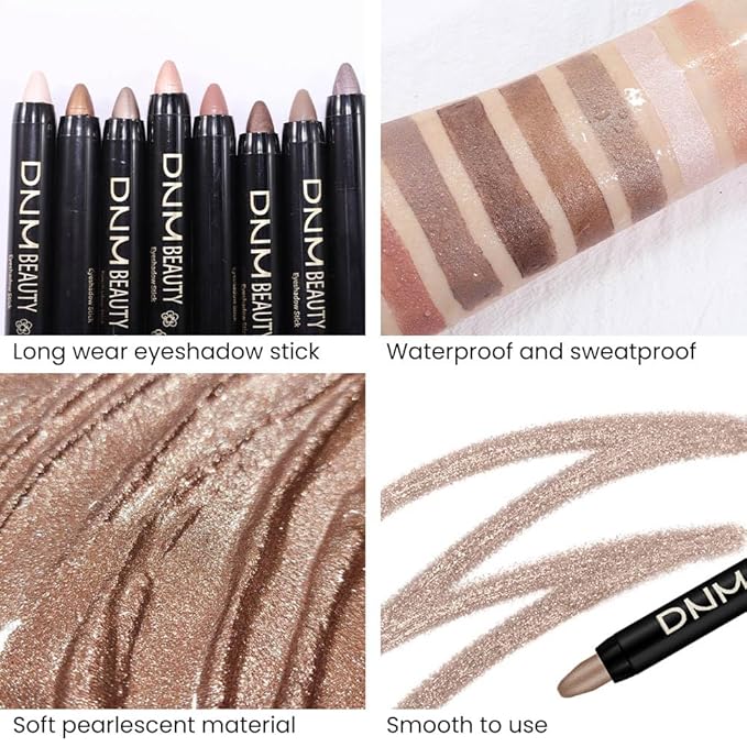 8Pcs Cream Eye Shadow Brightener Stick Makeup Set, Champagne Pearl Taupe Bronze Cocoa Stone Putty Smoky Amethyst Shimmer Matte Eyeshadow Eyeliner Pencil Applicator Stick Palette Makeup for Older Women