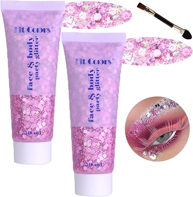 Body Glitter Face Glitter Gel: Singer Concerts Disco Festival Rave Accessories Face Glitter Makeup 100ml Chunky Sequins Mermaid Face Body Hair Glitter Gel (2 Pink)
