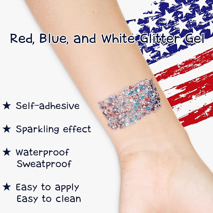Patriotic Body Glitter Stick, Waterproof Face Glitter Gel, Chunky Glitter Face Paint, 4th of July Red White Blue Sequin Hair Glitter Makeup for American Pride USA Flag Makeup for Independence Day