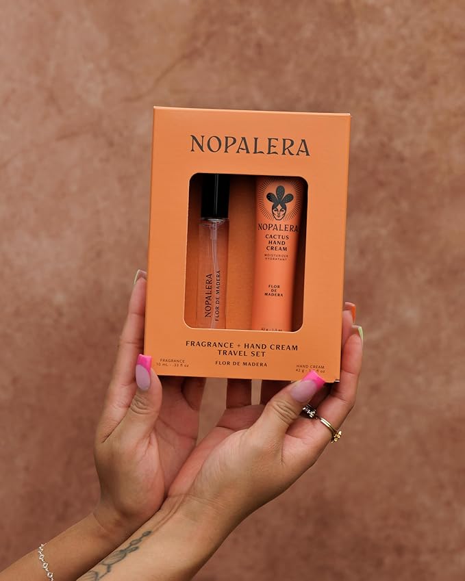 Nopalera Hand Cream + Travel Fragrance Gift Set, Flor de Madera Scent, Fresh Floral Woody Eau de Parfum 10ml and Cactus Hand Cream 1.5 oz