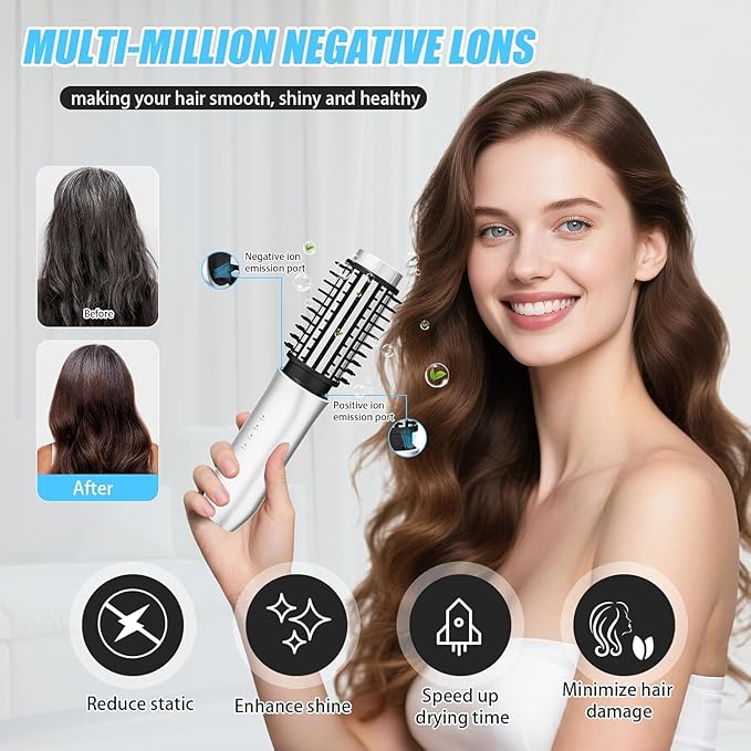 Cordless Curling Iron Brush,1.5-inch Mini Travel Curling Iron,3-in-1 Portable Heated Round Straightening Brush,Rechargeable Curlings Irons,for Curls,Straightening,De-frizzing and Styling,White