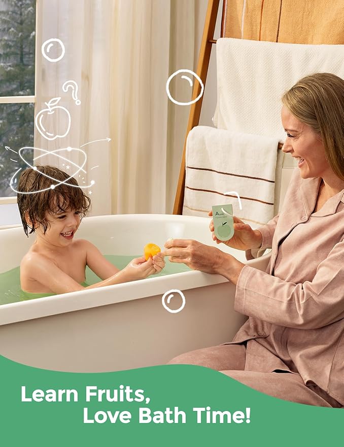 Momcozy 14-Pack Fruit Bath Bombs with Essential Oil, Ideal Christmas Gift for Happy Educational & Fun Bath Time, Bath Bombs Kit with 7 Cute Fruit Shapes, Ideal Gifts for Kids Girls Boys Toddlers