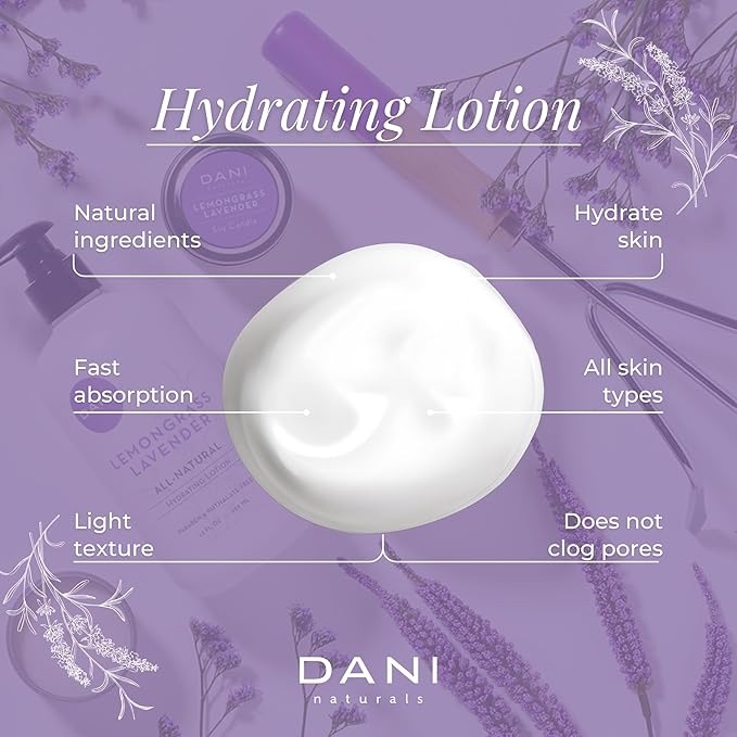 DANI Naturals Hand & Body Lotion - Calming Lemongrass Lavender Scent, Moisturizing Lotion with Aloe Vera, Shea Butter & Vitamin E, Deep Hydration for Dry Skin, All Skin Types - 12 Oz