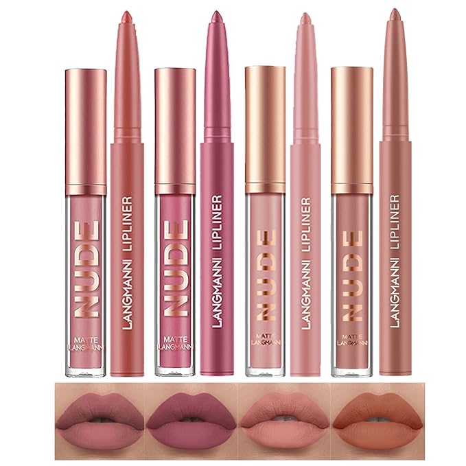 LANGMANNI 4pcs Matte Lipstick with Lipliners Durable Makeup Set,Long-Lasting Non-Stick Cup Not Fade Waterproof Pigmented Velvet Lipgloss Kit Beauty Cosmetics Makeup Gift for Girls(#1+2+8+11)