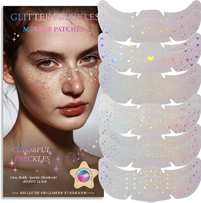 Glitter Freckles, Holographic Face and Body Glitter Tattoo Sparkle for Women Gold Glow Cosmetic Star Makeup Accessories for Festival Rave (12pcs Holographic)