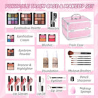 Professional Makeup Kit for Girl Women, Full Starter Cosmetic Set with Storage Case, Reusable Full Cosmetic Train Case Included Foundation Eyeshadow Blush Lipstick Lip Liner Mascara Eyeliner