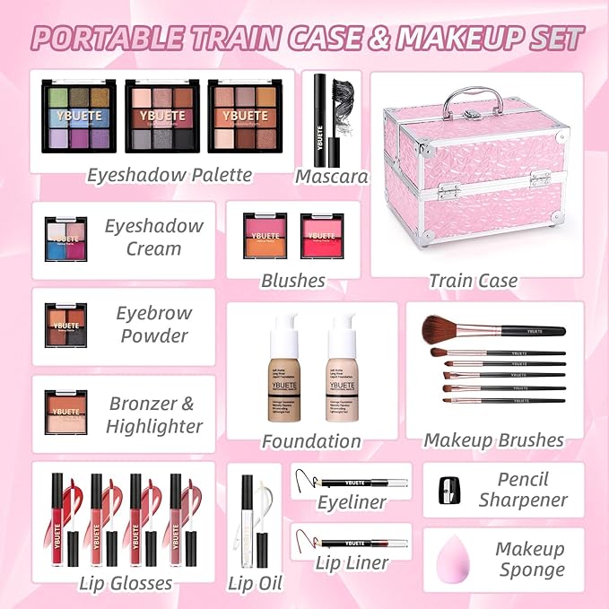 Professional Makeup Kit for Girl Women, Full Starter Cosmetic Set with Storage Case, Reusable Full Cosmetic Train Case Included Foundation Eyeshadow Blush Lipstick Lip Liner Mascara Eyeliner