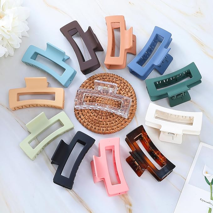 3.5 Inch Medium Hair Accessories - 12 Pcs Square Jaw Clips for Thick and Thin Hair, Rectangular Rectangle Basic Color Hair Clips for Women and Girls