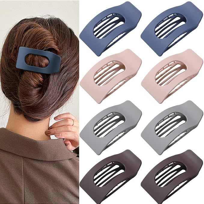 8 Pack Dark Neutral Flat Hair Clips for Women – Large Matte No-Slip Rectangle Claw Clips Thick & Thin Hair in Deep Brown, Navy, and Grey, Strong Hold Square Hair Accessories