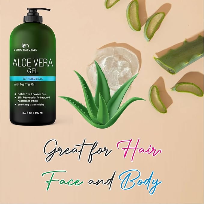 Being Naturals Aloe vera Gel - from 100% Pure Organic Aloe Infused with EGF, Stem Cell, Rosemary Oil - Natural Raw Moisturizer for Face, Body, Hair. Perfect for Sunburn, Acne, Razor Bumps 16.9 fl oz