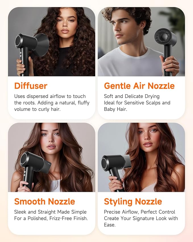 PLUZZ Professional Hair Dryer with Diffuser for Curly Hair, 400M Negative Ionic Blow Dryer for Fast Drying, 120,000 RPM High-Speed Brushless Motor, Low Noise Lightweight, Travel-Friendly (Silver)