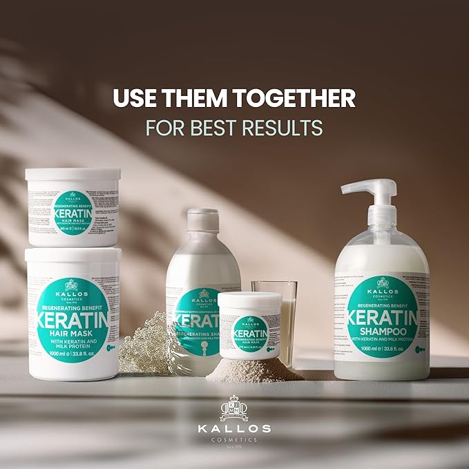 Kallos KJMN Keratin Regenerating Shampoo with keratin and milk protein for dry, damaged and chemically treated hair – Pump 1000 ml - 33,81 Fl Oz