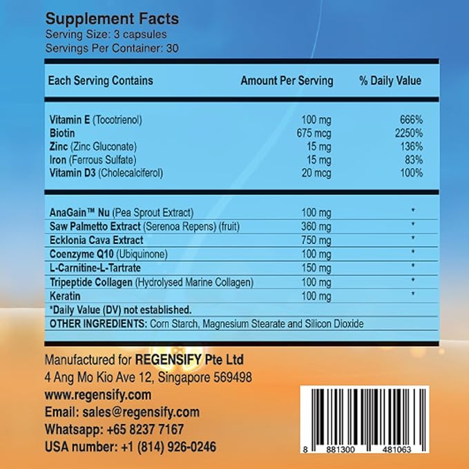 REGENSIFY Redensifying Hair Nutrition - Hair Regrowth Supplement with AnaGain Nu, Saw Palmetto, Ecklonia Cava, Coenyzme Q10, Tocotrienol, L-Carnitine | DHT Blocker | Reduce hairfall for Men & Women