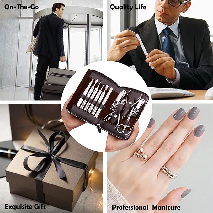 FAMILIFE Manicure Set, Nail Clippers Set Professional Manicure Kit 11 in 1 Stainless Steel Pedicure Tools Nail Kit Mens Grooming Tool with Portable Leather Travel Case Dark Violet Birthday Gifts