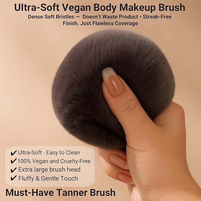 Extra Large Kabuki Self Tanner Brush – Vegan Tanning Applicator for Streak-Free Tan, Full Body Foundation, Sunscreen, Bronzer, Mousse, Lotion, Shimmer, Body Makeup & Professional Tanning Brush