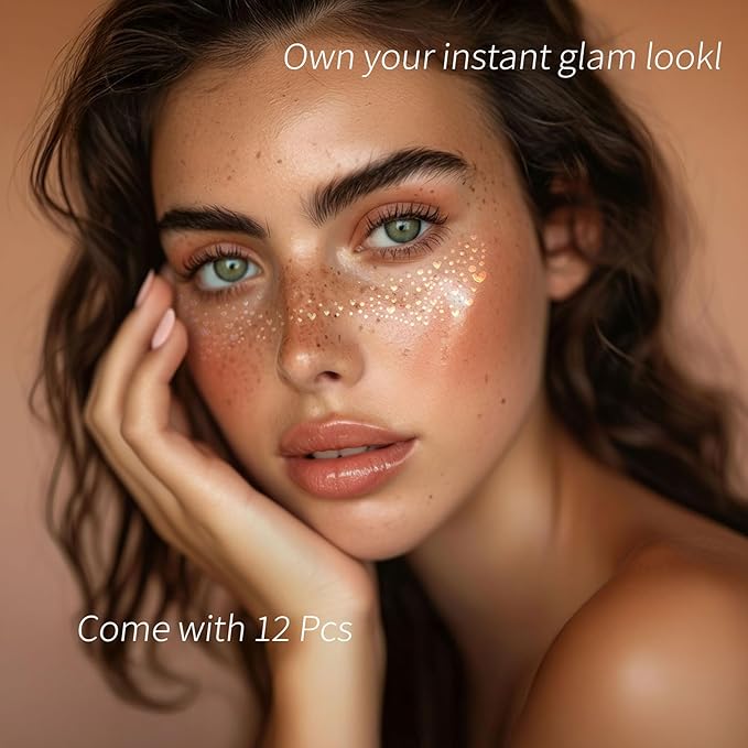 Face Glitter Freckles 12 Pcs Holographic Temporary Face Tattoos Stickers Waterproof Sparkle Face Speckles Makeup Patches Cute Body Temporary Tattoo Rave Accessories for Women Music Festival Accessorie