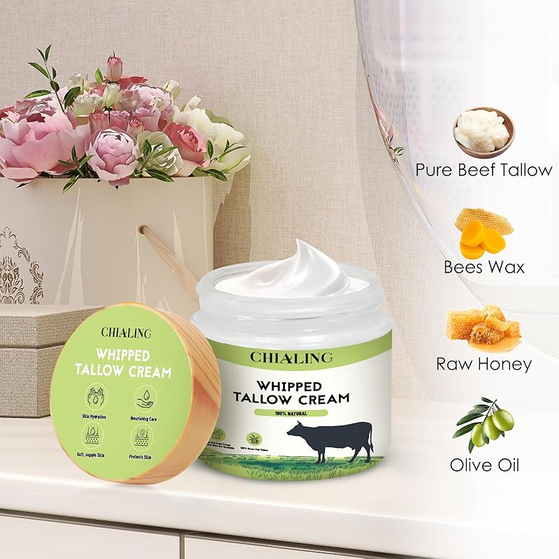 Beef Tallow For Skin, Tallow Face Moisturizer, 100% Grass Fed Beef Tallow And Honey Balm, Whipped Beef Tallow Body Lotion Skin Care for Eczema, Dry, Itchy,Sensitive Skin - Made in USA-2.0 Oz Unscented