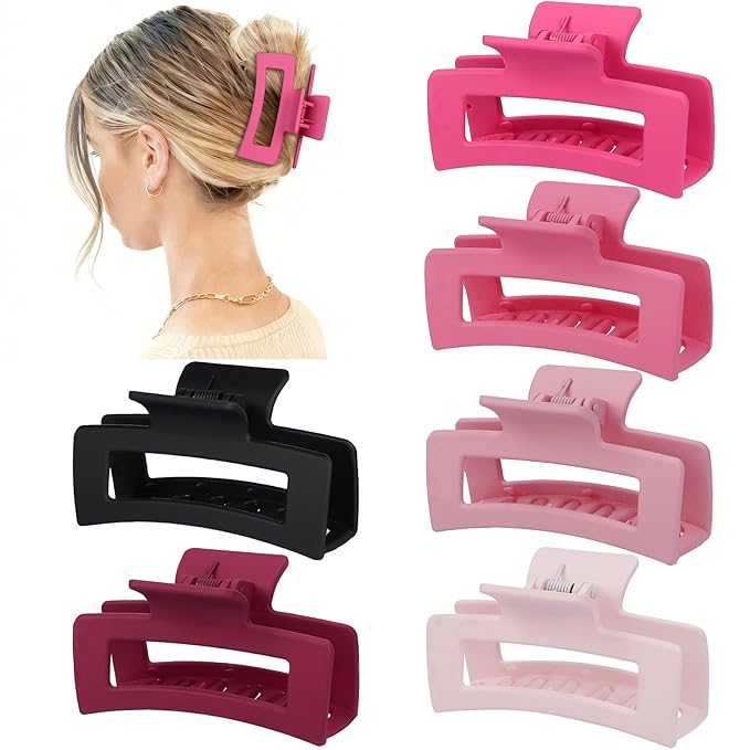 3.5 Inch Medium Hair Claw Clips 6 Pack Hair Clips for Women Square Rectangle Claw for Hair Banana Jaw Clips Hair Accessories for Girls (Pink)